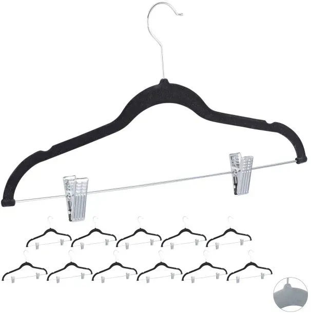 Relaxdays 72 x Samtbügel mit Clips schwarz Schwarz,Silber