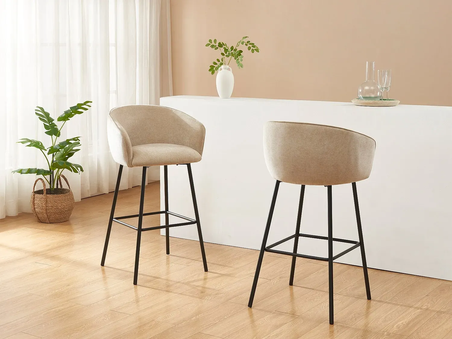 Barhocker 2er-Set - Stoff & schwarzes Metall - Beige - LAZONI von Pascal MORABITO