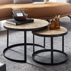 Kadima Design Couchtisch-Set `Esino`: Industrie-Stil, massives Holz und Metall, platzsparend, handgefertigt. Beige, 60x60x40 cm