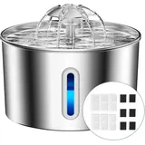 Balimo Katzenbrunnen Edelstahl, 2,2 L Superleise Trinkbrunnen für Katze mit Vierfaches Filtersystem & LED-Licht, mit 6 Aktivkohlefilter