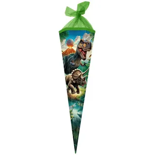 Goldbuch Schultüte 85 cm Vulkan, Zuckertüte 6-eckig, Geschenktüte mit Dinosaurier-Motiv, Geschenkverpackung aus Lackkarton, Einschulungstüte mit Netzverschluss, ca. 85 x 24 x 20 cm, bunt