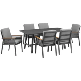 Konifera Garten-Essgruppe KONIFERA "Edessa, TOPSELLER", braun (dunkelgrau, braun, anthrazit,), Aluminium, Sitzmöbel-Sets, Tischplatte aus Alu-Lamellen,Armlehne mit Seilgeflecht&Noonwood-Latten