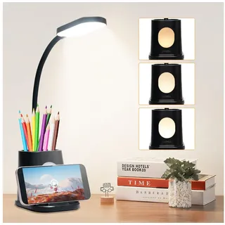 lqwell LQWELL® 4 in 1 LED Schreibtischlampe USB Aufladbar für Heimbüro, 3 Helligkeitsstufen Nachtlicht, 360° Flexibel Stifthalter Tischlampe Studienlampe mit Telefonhalter (Schwarz)