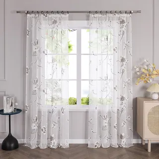 HeichkelL Gardine Transparent Vorhang mit Blumen Landhaus Gardinenschal Fensterschal Weiß mit Kräuselband BxH 140x225 cm 1 Stück