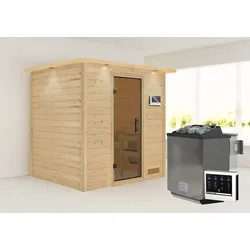 Sauna KARIBU "Anja (Fronteinstieg)", beige (naturbelassen), (ohne Ofen), Saunen, inklusive Ofenschutzgitter und Tür