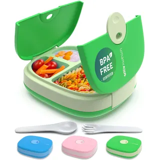Umami Kids Lunch Box mit Besteck,auslaufsicher,langlebig,Bento-Stil,3 große Fächer,ideale Portionsgrößen für 3 bis 9 Jahre,Kita-Jungen und Mädchen,BPA-frei, mikrowellen- und spülmaschinenfest (grün)