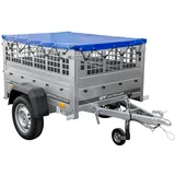 Kleiner Autoanhänger für den Garden Trailer, 150 Kipp, mit Stützrad, Seitengitter und flachen Plane, Blau