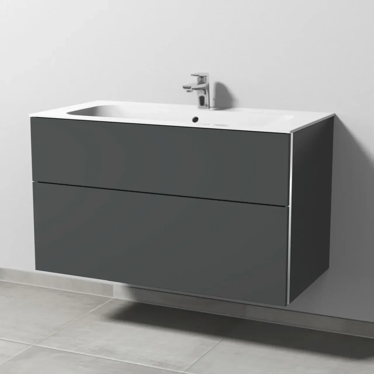 Sanipa 3way Keramik-Set Finion Keramik-Waschtisch und Unterbau mit 2 Auszügen, Anthrazit-Matt BR40122