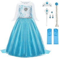 URAQT ELSA Mädchen Prinzessin Kostüm, ELSA Kinder Kleid 6-teiliges Set mit Krone Diadem Handschuhe Zauberstab usw für Weihnachten Verkleidung Karneval Halloween