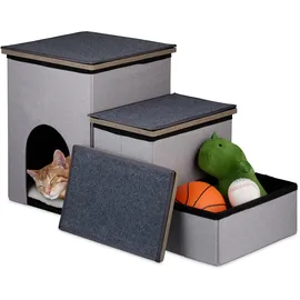 Relaxdays Hundetreppe 3 Stufen, mit Höhle Anthrazit,Weiß,Grau