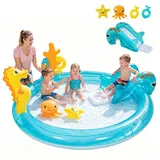 HOMASIS aufblasbarer Planschbecken mit Rutsche, Sprinkler & Ringwurfspiel, Meerestiere Wasserspielcenter, 198 L Kinderpool Babypool mit Poolrutsche, für Kinder 2–6 Jahre, 178 x 157 x 67,5 cm