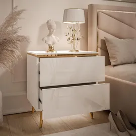 lookway Nachttisch, Weiß Hochglanz, Holzwerkstoff, Uni, 2 Schubladen, Rechteckig, 50x53x37 cm, Schlafzimmer, Nachttische