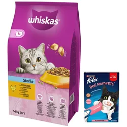 WHISKAS Sterile 14 kg - Trockenfutter für ausgewachsene Katzen nach der Kastration, mit leckerem Huhn + Felix Deli Moments 4x10g