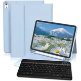 GKABXY Hülle mit Tastatur für iPad 11/10 Generation, 11/10,9 Zoll (2025/2022), Flexibles TPU Hülle mit Stifthalter, QWERTZ Layout, Magnetische Abnehmbar Bluetooth Tastatur für iPad A16, Hellblau