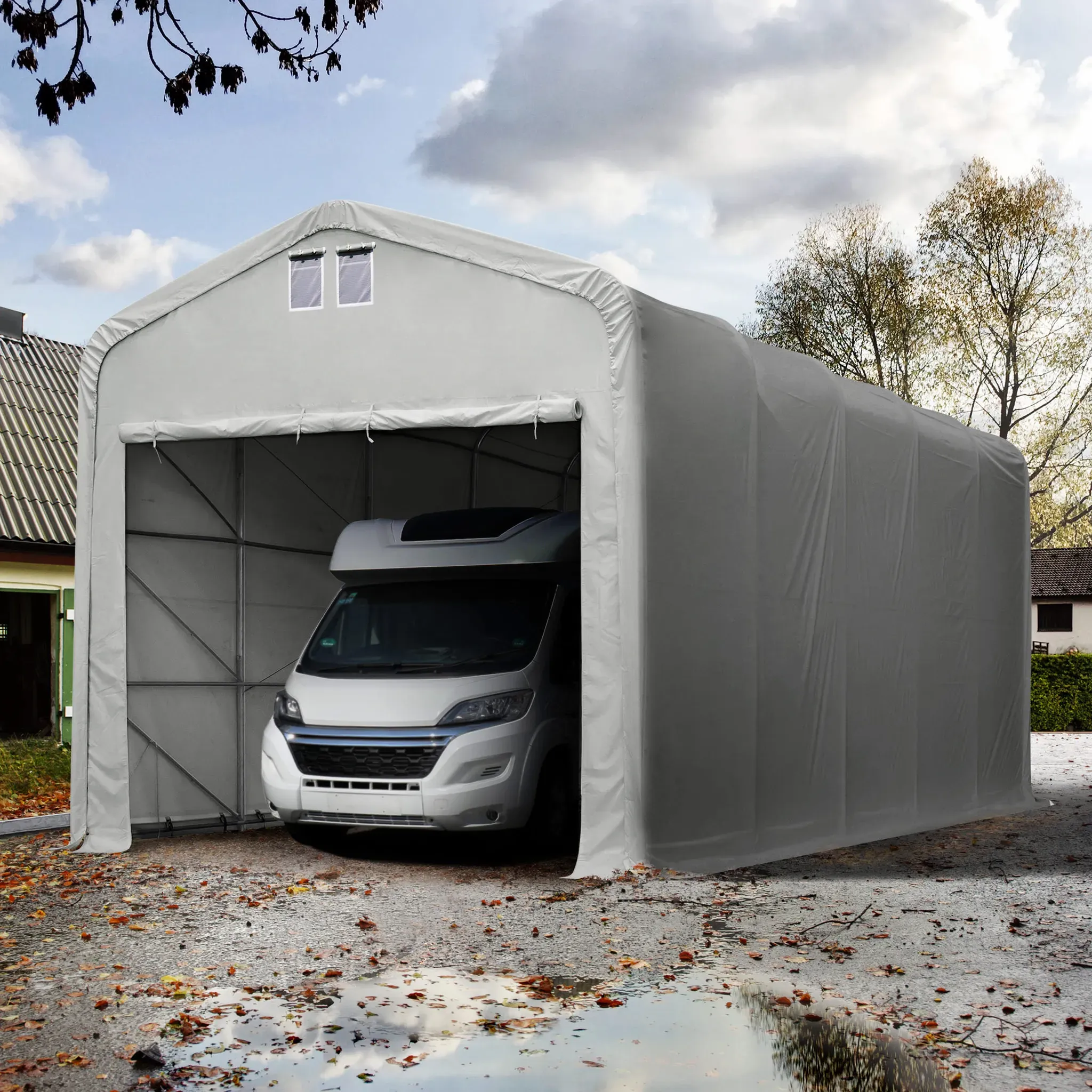 TOOLPORT  5x20m Zeltgarage, PRIMEtex-Plane, grau, mit Statik (Betonuntergrund) - (99422)