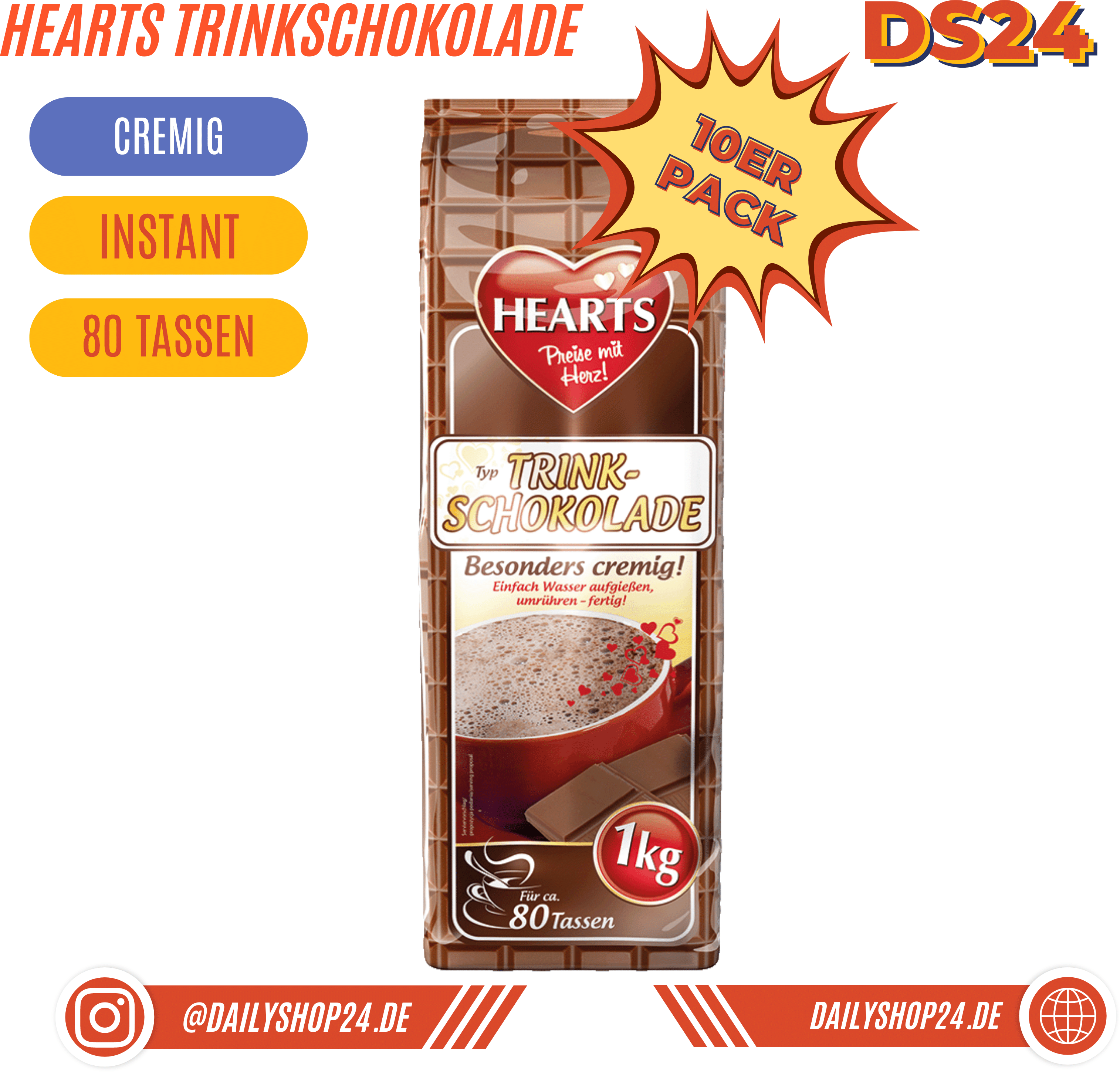 HEARTS Trinkschokolade - 10 Stück Vorteilspack / Trinkschokolade