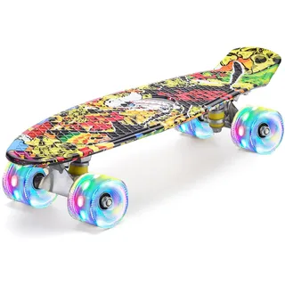 ERNAN Skateboard Komplette 22 Zoll Mini Cruiser Skateboard für Kinder Mit LED Leuchtrollen Skate Board Für Erwachsene Kinder Jungen Anfänger (KKIO)