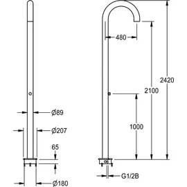 KWC AR Standdusche, F3, Edelstahl, freist., 207x2420x630 mm, hydr., o. Mischung