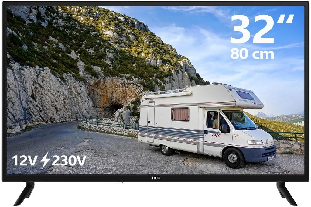 32 Zoll HD TV JTCT32H39321 mit **12-Volt-/230-Volt-Anschluss** und Triple Tuner (DVB-C/-S2/-T2) für Camping und Home inkl. Kfz-Adapter
