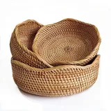 Rattan Aufbewahrungskörbe rund, handgeflochtene Körbchen aus natürlichem Rattan, Obstkorb und Dekokorb für Küche & Wohnzimmer, 3er Set