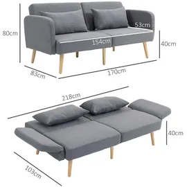 Homcom Schlafsofa, 2-Sitzer Klappbett mit Bettfunktion, 2 Wurfkissen 3-Sitzer Polstersofa mit Verstellbarer Rückenlehne, Leinenoptik, für