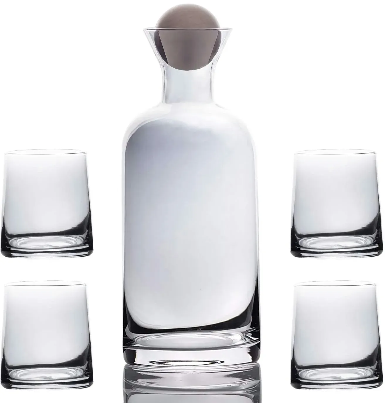Intirilife Karaffe mit 4 Gläsern Set aus Glas mit Smoky Grau - Karaffe 1.1 Liter - Gläser 200 ml - Geschenk Set Kanne Krug mit Balldeckel