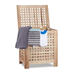 Relaxdays Wäschetruhe Walnuss, Deckel, entnehmbarer Wäschesack 70 l, geschlossener Sammler,HxBxT:55,5x52,5x39,5cm, natur