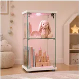 Simurq Glasvitrine Standvitrine mit LED und 1 Glastüren, 2 Lagen Glas Vitrinenschrank (Standvitrine aus Gehärtetes Glas und Holz, Glasschrank mit 1 Türen,Schloss,41x36,5x86,5 cm, Sammlervitrine) LED‐Beleuchtung weiß