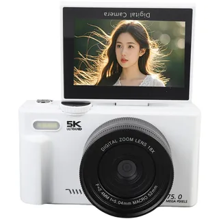 CCYLEZ 5K Digitalkamera, 75 MP Vlogging-Kamera mit WLAN, 18-fachem Optischem Zoom, Autofokus, Blitz und 3-Zoll-Flip-Bildschirm, Unterstützt 128 GB