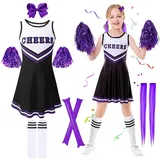 Kitimi Cheerleader Kostüm Kinder Mädchen, Kinderkostüm Cheerleadering Outfit Schulkind Mädchen Uniform Kleid mit Pompoms Socken Haarspangen Cheer Sticks für Karneval Fasching Party Verkleidung Cosplay