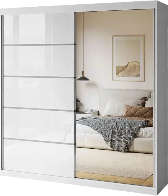 Schlittentür-Schrank, großer Kleiderschrank mit Spiegel, BASTER II, H 215 cm x B 200 cm x T 58 cm, Hochglanz-Weiß