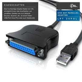CSL USB auf Parallel Adapter LPT 25pol., Druckerkabel Adapterkabel, Plug and Play, schwarz