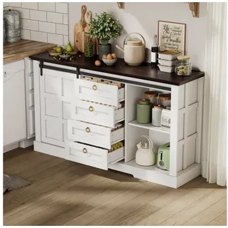 HAUSS SPOLE Sideboard mit Schiebetüren,Küchenschrank Anrichte verstellbare Einlegeböden,Weiß (150×40×85 cm, Schiebetüren, 4 Schubladen, Stabile MDF-Konstruktion, Vintage-Look), Anti-tip set, round metal handles, smooth drawer guides, easy assembly weiß