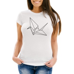 MoonWorks Print-Shirt Damen T-Shirt Origami Kranich Crane Vogel Bird Slim Fit Moonworks® mit Print weiß L