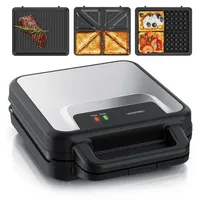 Arendo Sandwichmaker 3 in 1, Sandwichtoaster, Waffeleisen & Kontaktgrill, Antihaftbeschichtete abnehmbare Platten, 1400 W, für Sandwich, Waffel & ... - Schwarz/Silber