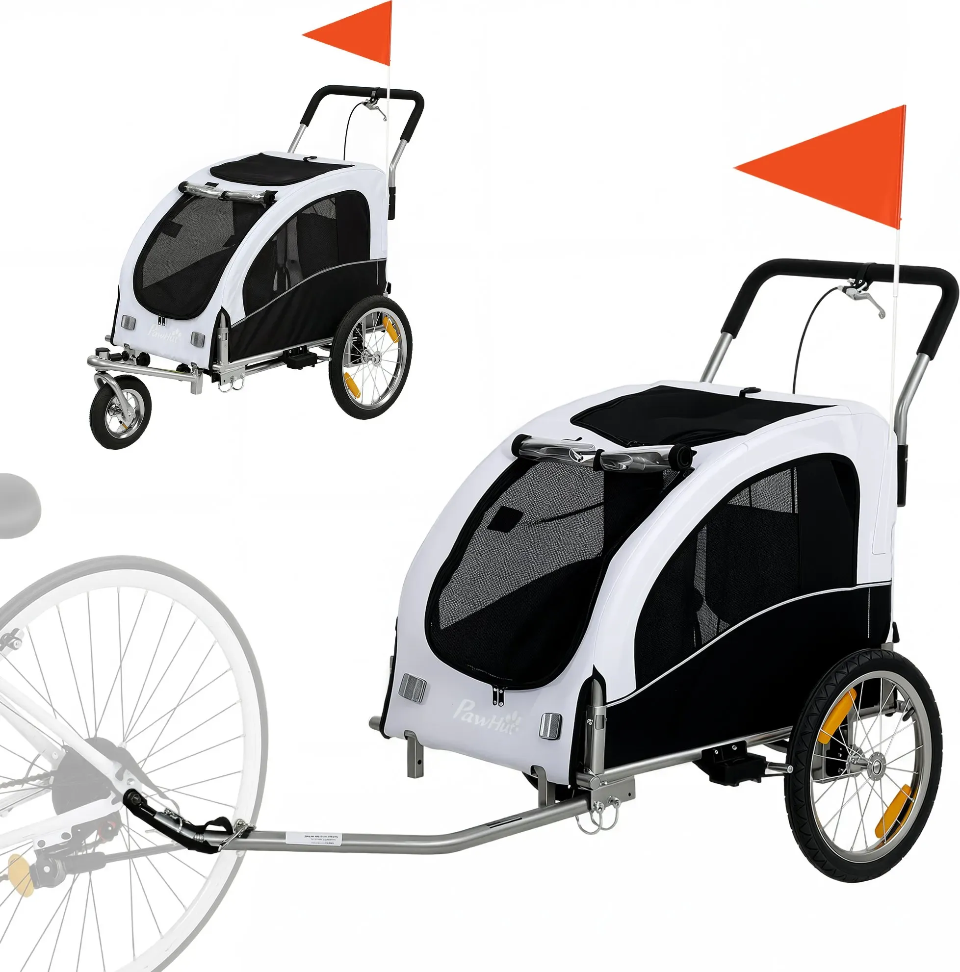 PawHut 2-in-1 Hundeanhänger für Fahrrad Hundebuggy für kleine & mittelgroße Hunde bis 20 kg Faltbarer Fahrradanhänger mit 600D Oxford, Reflektoren, Handbremse, Universelle Kupplung, Weiß   Aosom