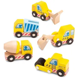 New Classic Toys® Spielzeug-Traktor Baufahrzeuge Holz 5 Fahrzeuge Bagger Betonmischer Radlader Walze LKW