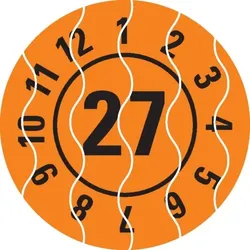 Dreifke® Prüfplakette 27, orange, Sicherheitsfolie, selbstklebend, Ø 25mm, 21 St/Bogen