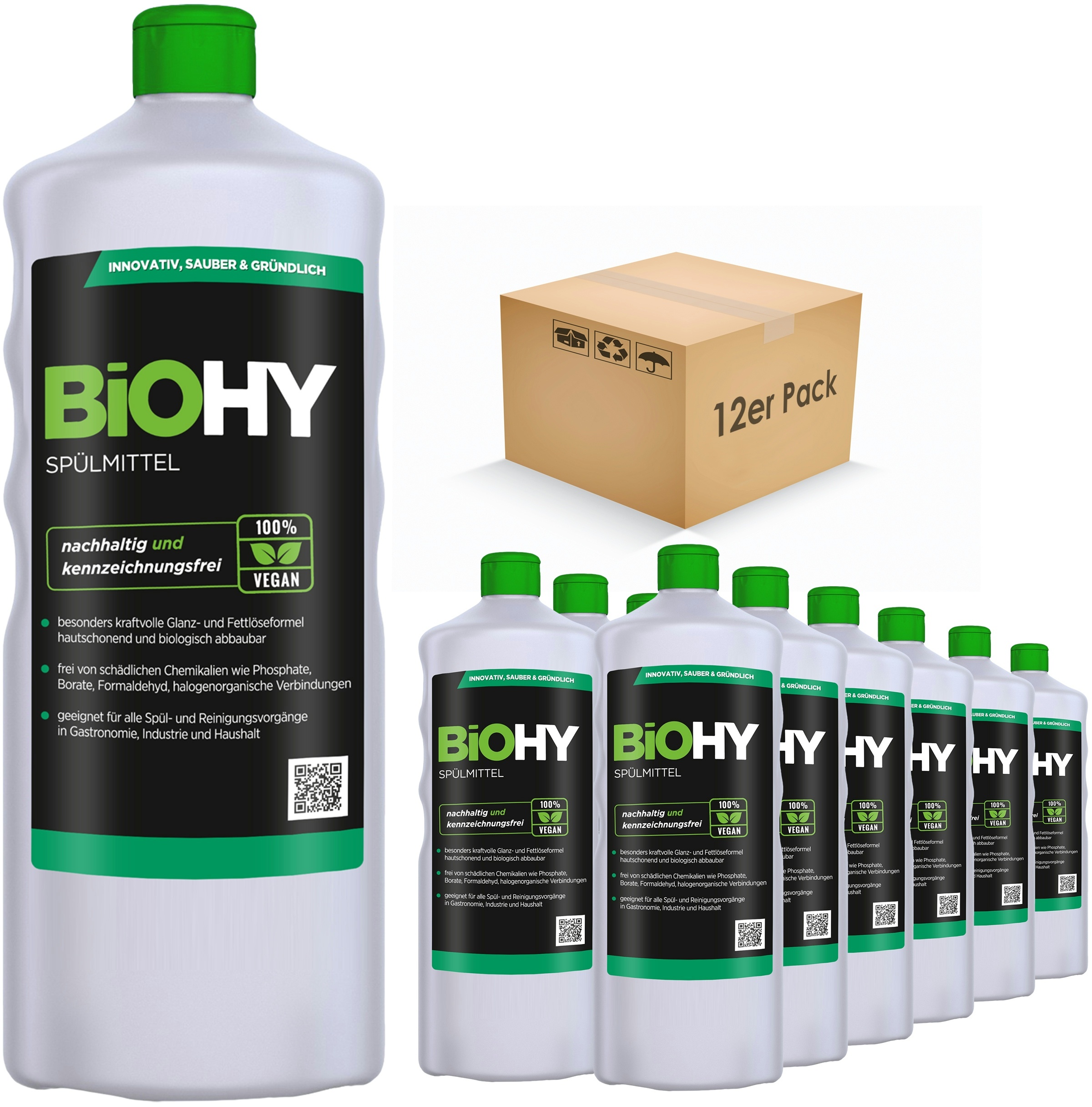 BiOHY Spülmittel (12x1l Flasche) | Frei von schädlichen Chemikalien & biologisch abbaubar | Glanz- & Fettlöseformel