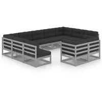 vidaXL 11-tlg Garten-Lounge-Set mit Kissen Grau Kiefer Massivholz