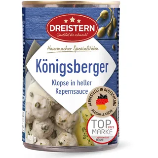 DREISTERN Königsberger Klopse 400g I 4 Klopse in heller Kapernsauce I Herzhaftes Fertiggericht in recyclebarer Konservendose I Lange Haltbarkeit dank natürlicher Konservierung I Hausmacher Qualität