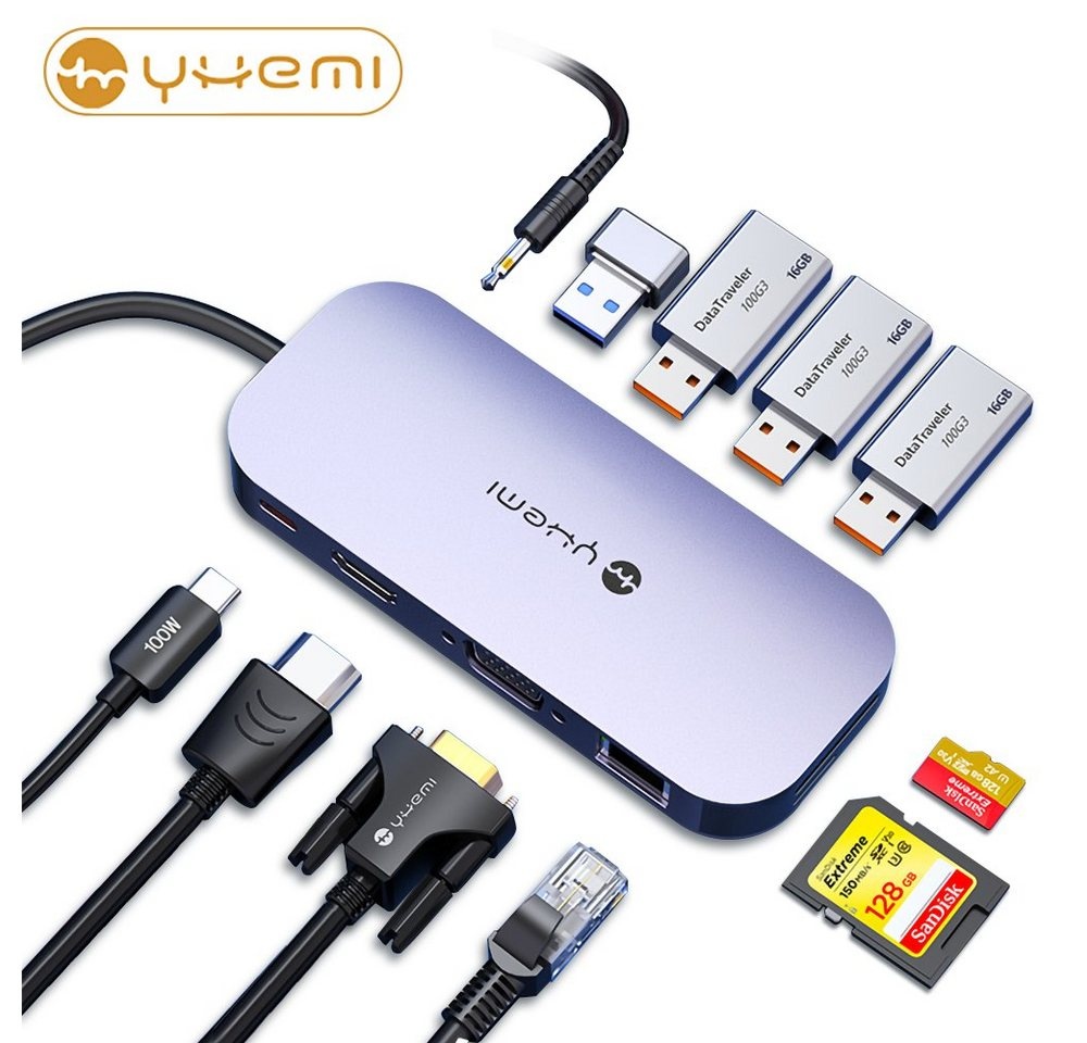 YHEMI 11-in-1 Typ-c Docking Station USB-C zu HDMI/VGA Splitter 4K Adapter USB-Adapter grau