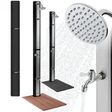 Arebos Solardusche 35L & Bodenelement Holzoptik | inklusive Abdeckhaube | mit integriertem Thermometer & Fußdusche | mit Gartenschlauch-Anschluss | Wassertemperatur bis 60°C | Silber-Schwarz