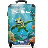 NoBoringSuitcases.com Kinderkoffer, Koffer Personalisiert, Kinderkoffer Mädchen, Koffer Kinder, Kinder Reisekoffer, Handgepäckkoffer, Rollkoffer, Handgepäck Trolley 55x40x20 cm (Schildkröte - Blau)