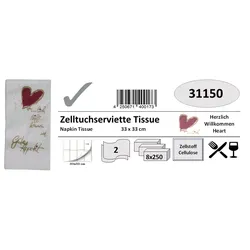2000  Zelltuchservietten, 33x33 cm, 2-lagig, 1/8 Falz, Herzlich Willkommen,