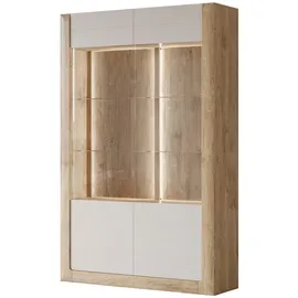 LEONIQUE Vitrine "Kasai", beige (eiche harbor gold, kashmir), B:128,5cm H:200cm T:41cm, FSC-zertifizierter Holzwerkstoff, Glas, MDF, Melamin, Schränke, Vitrine