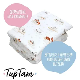 TupTam Kinder Gemusterte Bettdecken Set Ganzjahresdecke Bettdecke Kopfkissen Flachkissen 2tlg., Farbe: Schlafende Baby Tiere/Beige, Größe: 135x100 cm