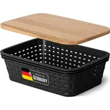 Novaliv Aufbewahrungsbox mit Holzdeckel Mini 1L Korb Schwarz in Rattan Design Lebensmittelecht Aufbewahrungskorb Stapelbox Nestbar Kunststoff BPA-f...