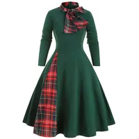 Lazzboy Kleid Frauen Langarm Plaid Panel Fliege Vintage Rockabilly Style A-Line(Grün,3XL) - 3XL