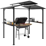 Outsunny Grillpavillon 250 x 160 x 250 cm wasserdicht Gartenpavillon mit Doppelschichtdach, Seitenregalen, Gartenlauben mit UV-Schutz, BBQ